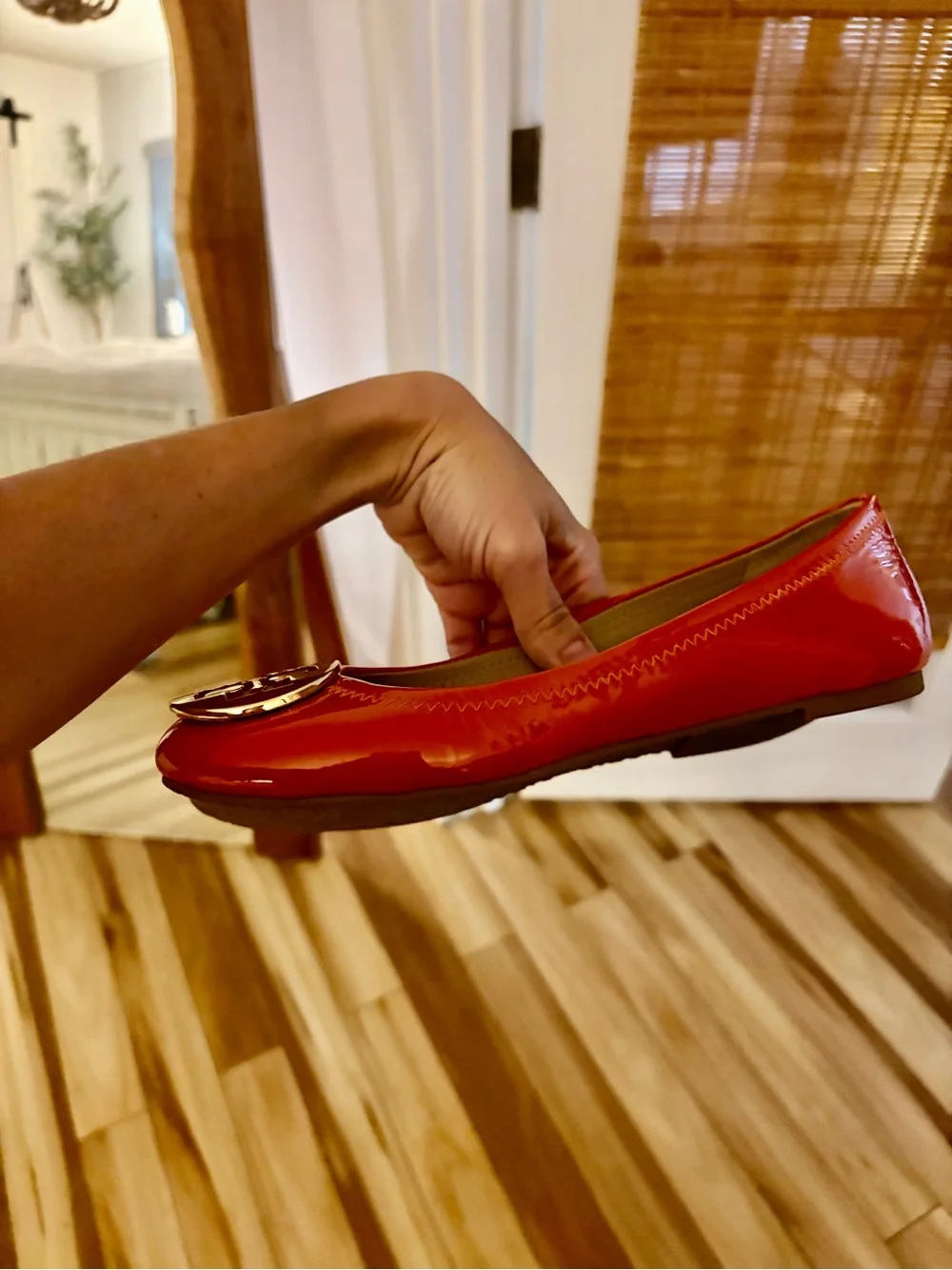 Tory Burch Orange Patent Leather Logo Flats